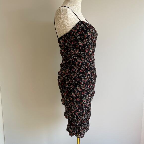 Dainty Floral Chiffon Lace Ruched Mini Dress Size L Black Fairy Whimsy Goth Y2k - Picture 3 of 11